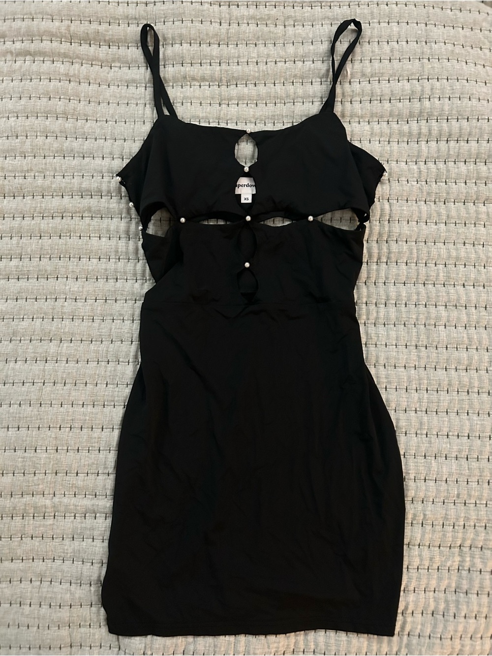 Superdown Black Cutout Pearl-Accent Slip Dress